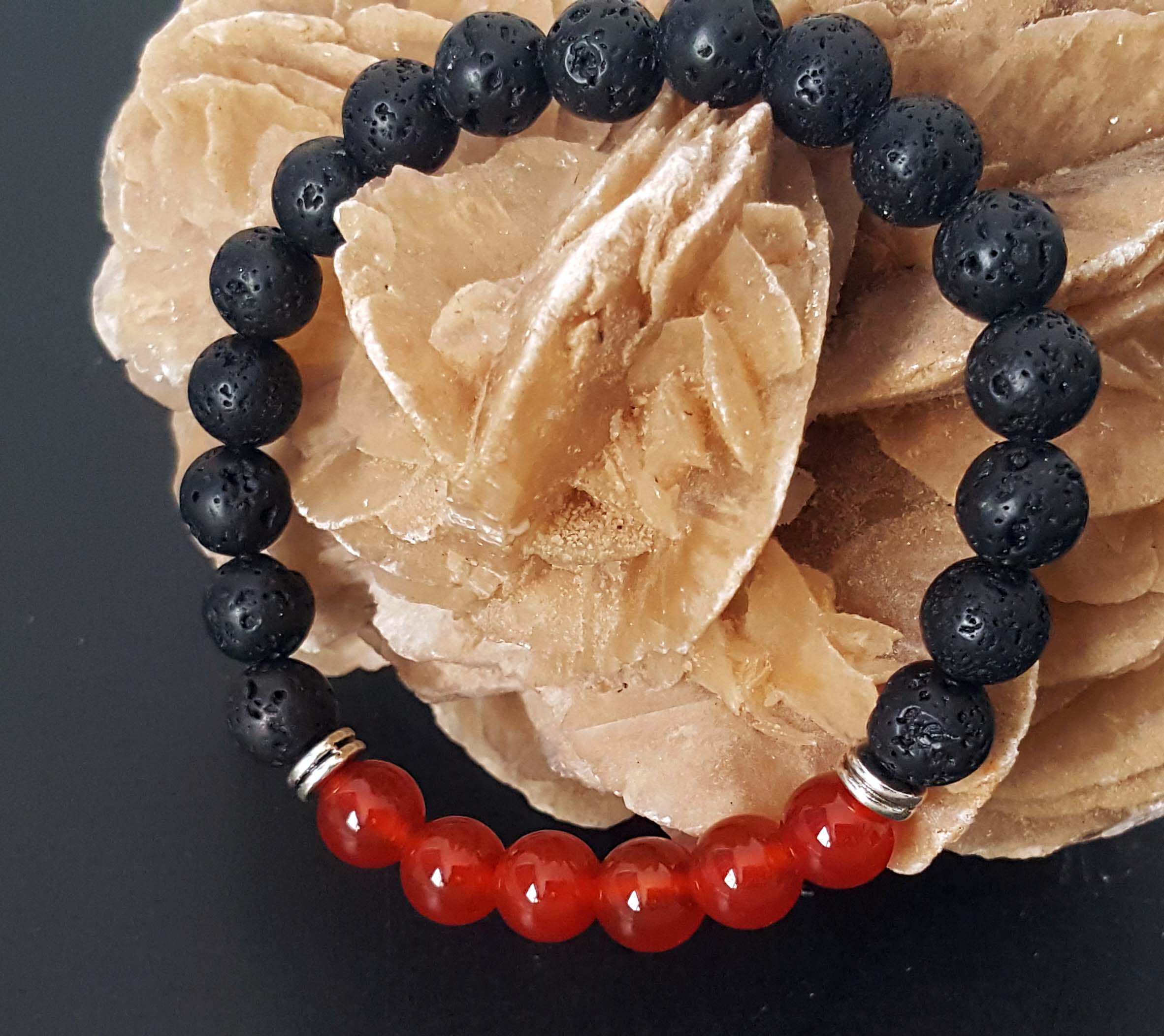 Lot De 2 Bracelets Pierres Naturelles – Lave Et Cornaline – Fabrication Artisanale Sur Mesure